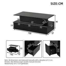 BTM Lift Top Coffee Table LED Storage Drawers High Gloss Sofa Table in Black - thumbnail 9
