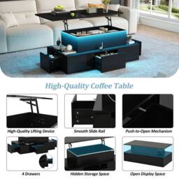 BTM Lift Top Coffee Table LED Storage Drawers High Gloss Sofa Table in Black - thumbnail 6