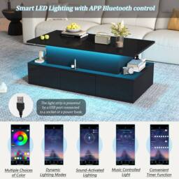 BTM Lift Top Coffee Table LED Storage Drawers High Gloss Sofa Table in Black - thumbnail 7