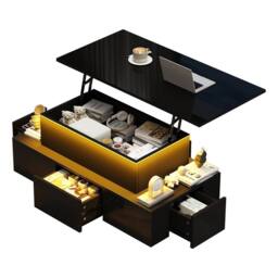 BTM Lift Top Coffee Table LED Storage Drawers High Gloss Sofa Table in Black - thumbnail 5