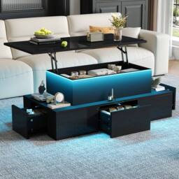 BTM Lift Top Coffee Table LED Storage Drawers High Gloss Sofa Table in Black - thumbnail 2