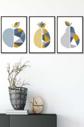 ARTZE Geometric Fruit Apple Blue Yellow Framed Wall Art - Medium in Black - Size: W45 cm x H62 cm x D20mm - thumbnail 1
