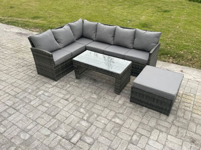 Fimous 7 Seater Outdoor Rattan Garden Furniture Set Corner Sofa Oblong Coffee Table Sets with Patio Big Footstool Dark Grey Mixed - image 1