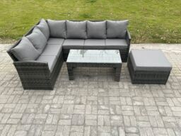 Fimous 7 Seater Outdoor Rattan Garden Furniture Set Corner Sofa Oblong Coffee Table Sets with Patio Big Footstool Dark Grey Mixed - thumbnail 2