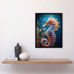 Artery8 Wall Art Print Pink Seahorse Photorealistic Conceptual Painting Framed in Blue - Size: A4 - thumbnail 4