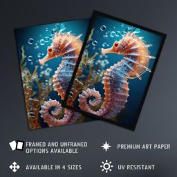 Artery8 Wall Art Print Pink Seahorse Photorealistic Conceptual Painting Framed in Blue - Size: A4 - thumbnail 2