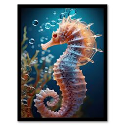 Artery8 Wall Art Print Pink Seahorse Photorealistic Conceptual Painting Framed in Blue - Size: A4 - thumbnail 1