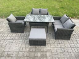 Fimous 6 Seater Wicker Rattan Garden Dining Set Outdoor Furniture Sofa with Dining Table Double Seat Sofa Big Footstool Dark Grey Mixed - thumbnail 1