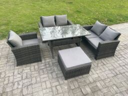 Fimous 6 Seater Wicker Rattan Garden Dining Set Outdoor Furniture Sofa with Dining Table Double Seat Sofa Big Footstool Dark Grey Mixed - thumbnail 2