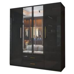 MN Furniture Modern High Gloss 4 Door Mirrored Wardrobe with Gold Handles 160cm in Black - thumbnail 2