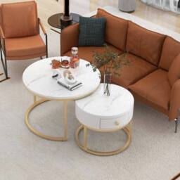 BTM Marble & Gold Nesting Coffee Tables with Storage, Set of 2 in White - thumbnail 8