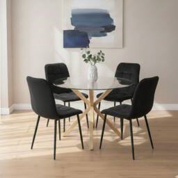 KOSY KOALA Modern Round Glass Dining Table with 4 black velvet tufted Chairs - thumbnail 1