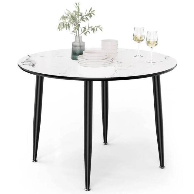 Havendro 4 Seater Dining Table Marble Top Effect Round Kitchen Table in White - image 1