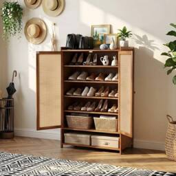 KORVIXA 7 Tier Shoe Cabinet Storage Organizer with 2 Doors in Natural - Size: 100 cm x 100 cm - thumbnail 4