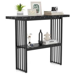 Gymax 2-tier Console Table Entryway Table With Open Shelf Faux Marble Tabletop in Black