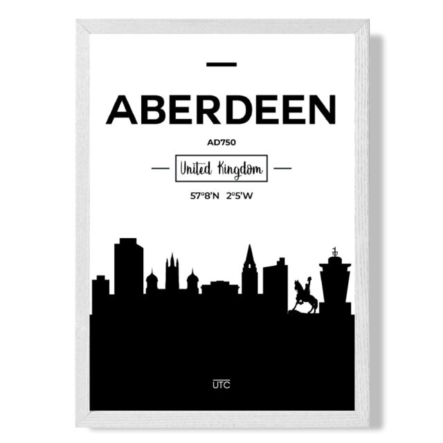 ARTZE Aberdeen Black & White City Skyline Framed Print SIZE: A3 with White Frame - Size: A4 - image 1