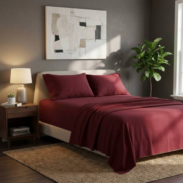 Snug City Soft Plain Brushed Cotton Fitted Flat Sheet Matching Pillowcases Set in Red - Size: Single - image 1