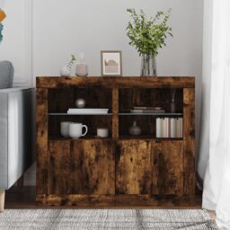 Berkfield Home Side Cabinets with LED Lights 2 pcs Smoked Oak Engineered Wood in Brown - thumbnail 3