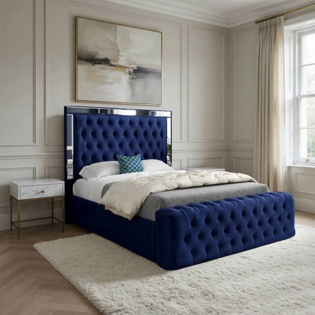 Casani Zennor Mirror Upholstered Blue Soft Velvet Designer Bed Frame - Size: Double - image 1
