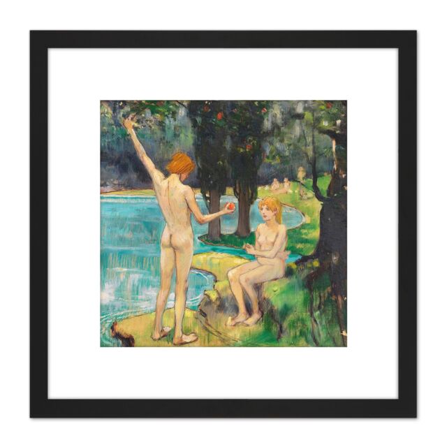 Artery8 Hofmann Adam Eve Paradise Painting 8X8 Inch Square Wooden Framed Wall Art Print Picture with Mount in Black - image 1