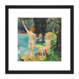 Artery8 Hofmann Adam Eve Paradise Painting 8X8 Inch Square Wooden Framed Wall Art Print Picture with Mount in Black - thumbnail 1