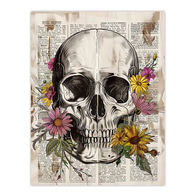 "Artery8 Skull with Daisies Book Page Mixed Media Upcycle Wall Art Print in Grey - Size: W18"" x H24""" - image 1