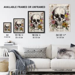 "Artery8 Skull with Daisies Book Page Mixed Media Upcycle Wall Art Print in Grey - Size: W18"" x H24""" - thumbnail 3