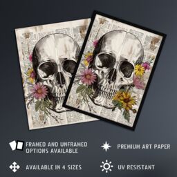 "Artery8 Skull with Daisies Book Page Mixed Media Upcycle Wall Art Print in Grey - Size: W18"" x H24""" - thumbnail 2