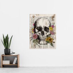 "Artery8 Skull with Daisies Book Page Mixed Media Upcycle Wall Art Print in Grey - Size: W18"" x H24""" - thumbnail 4