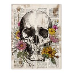 "Artery8 Skull with Daisies Book Page Mixed Media Upcycle Wall Art Print in Grey - Size: W18"" x H24""" - thumbnail 1