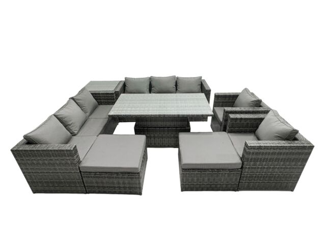 Fimous Rattan Dining Table Sofa Set with Side Table 2 Stools Outdoor 10 Seat in Dark Grey - image 1