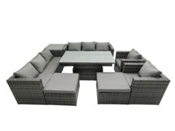 Fimous Rattan Dining Table Sofa Set with Side Table 2 Stools Outdoor 10 Seat in Dark Grey - thumbnail 2
