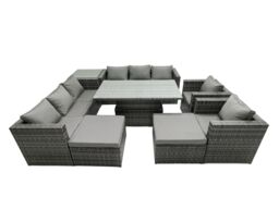 Fimous Rattan Dining Table Sofa Set with Side Table 2 Stools Outdoor 10 Seat in Dark Grey - thumbnail 1