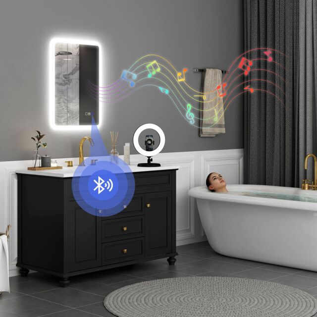 HOMCOM 500 x 700 mm Bluetooth Bathroom Mirror with LED Lights Wall Mounted in Silver - Size: 700mm x 500mm - image 1