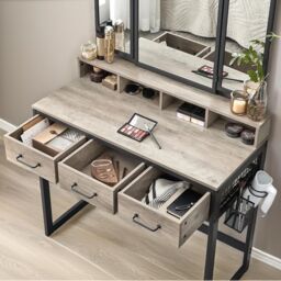 Pirlo Plush 3 Drawer Dressing Table With Mirror & Stool in Grey - thumbnail 3