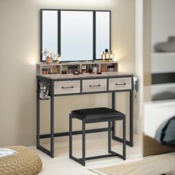 Pirlo Plush 3 Drawer Dressing Table With Mirror & Stool in Grey - thumbnail 2