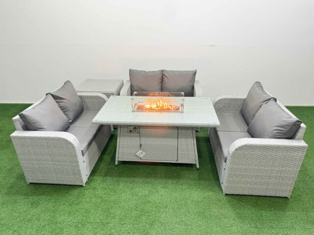 Fimous 6 Seater PE Wicker Rattan Furniture Sofa Sets with Firepit Dining Table 2 Seater Love Sofa Side Table Light Grey - image 1