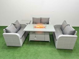 Fimous 6 Seater PE Wicker Rattan Furniture Sofa Sets with Firepit Dining Table 2 Seater Love Sofa Side Table Light Grey - thumbnail 1