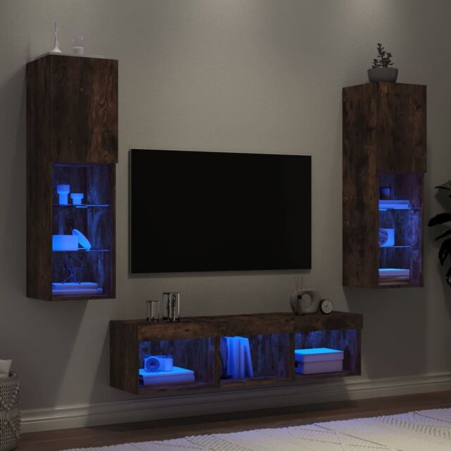Berkfield Home 5 Piece TV Wall Units with LED Smoked Oak Engineered Wood in Brown - image 1