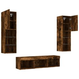 Berkfield Home 5 Piece TV Wall Units with LED Smoked Oak Engineered Wood in Brown - thumbnail 6