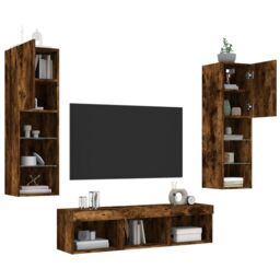 Berkfield Home 5 Piece TV Wall Units with LED Smoked Oak Engineered Wood in Brown - thumbnail 4