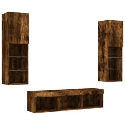 Berkfield Home 5 Piece TV Wall Units with LED Smoked Oak Engineered Wood in Brown - thumbnail 5