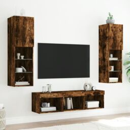 Berkfield Home 5 Piece TV Wall Units with LED Smoked Oak Engineered Wood in Brown - thumbnail 3