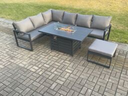 Fimous Aluminium Outdoor Garden Furniture Corner Sofa Gas Fire Pit Dining Table Sets Gas Heater Burner with Big Footstool Dark Grey 7 Seater - thumbnail 1