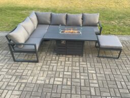 Fimous Aluminium Outdoor Garden Furniture Corner Sofa Gas Fire Pit Dining Table Sets Gas Heater Burner with Big Footstool Dark Grey 7 Seater - thumbnail 2