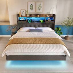 Rolipo 4ft6 Double Bed Grey Linen Upholstered Floating Bed with LED & USB - thumbnail 6
