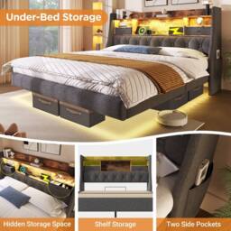 Rolipo 4ft6 Double Bed Grey Linen Upholstered Floating Bed with LED & USB - thumbnail 4