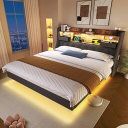 Rolipo 4ft6 Double Bed Grey Linen Upholstered Floating Bed with LED & USB - thumbnail 9