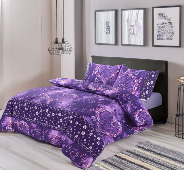 Snug City Duvet Cover & Pillowcase Set Love Heart Design Polycotton Bed Linen in Purple - Size: Super King - image 1