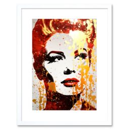 "Artery8 Wall Art Print Woman with Red Lipstick Retro Glam Face Portrait Liquid Gold Paint Linocut Teen Room Artwork Framed 9X7 Inch - Size: W7"" x H9""" - thumbnail 1
